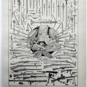planche ancienne armes, illustration historique noir et blanc, original vers 1950