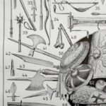 planche ancienne armes, illustration historique noir et blanc, original vers 1950