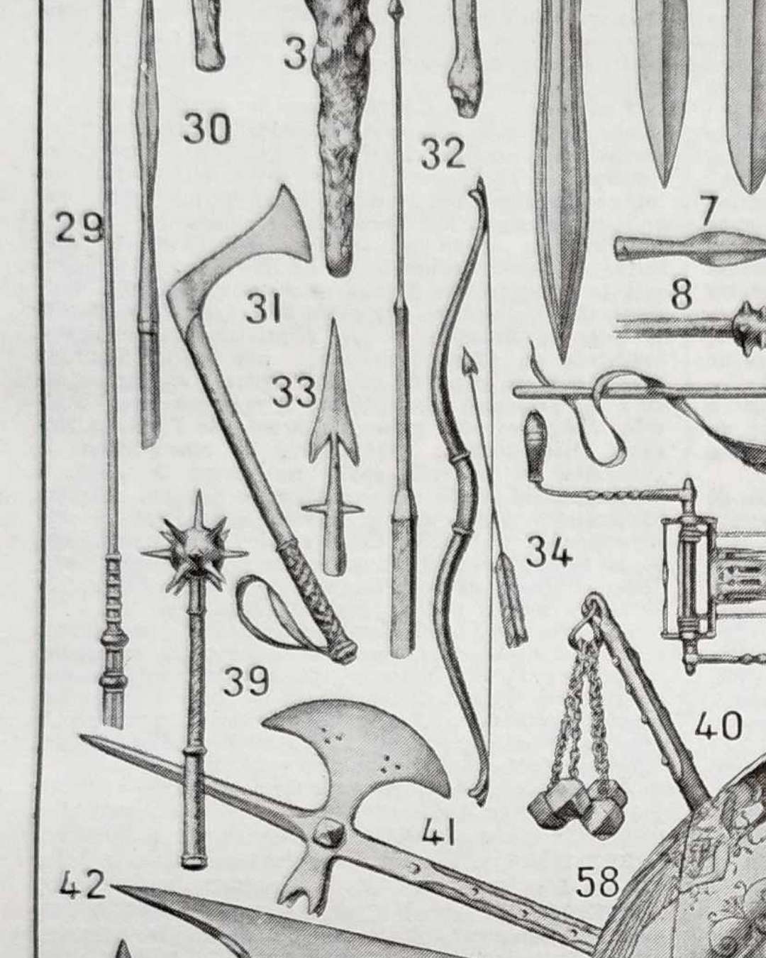 planche ancienne armes, illustration historique noir et blanc, original vers 1950