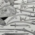 planche ancienne armes, illustration historique noir et blanc, original vers 1950