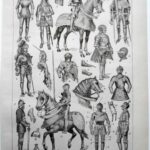 planche ancienne armures, illustration historique noir et blanc, herouard, original vers 1950