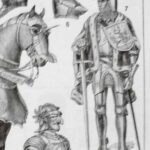 planche ancienne armures, illustration historique noir et blanc, herouard, original vers 1950