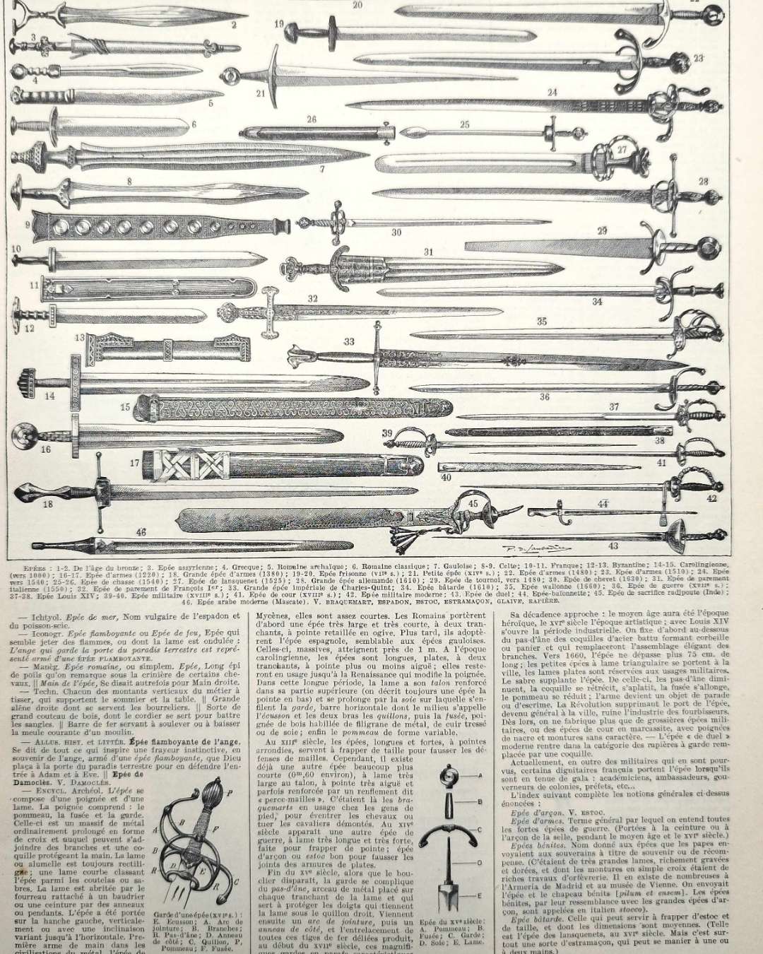 planche ancienne épée, illustration historique années 1930