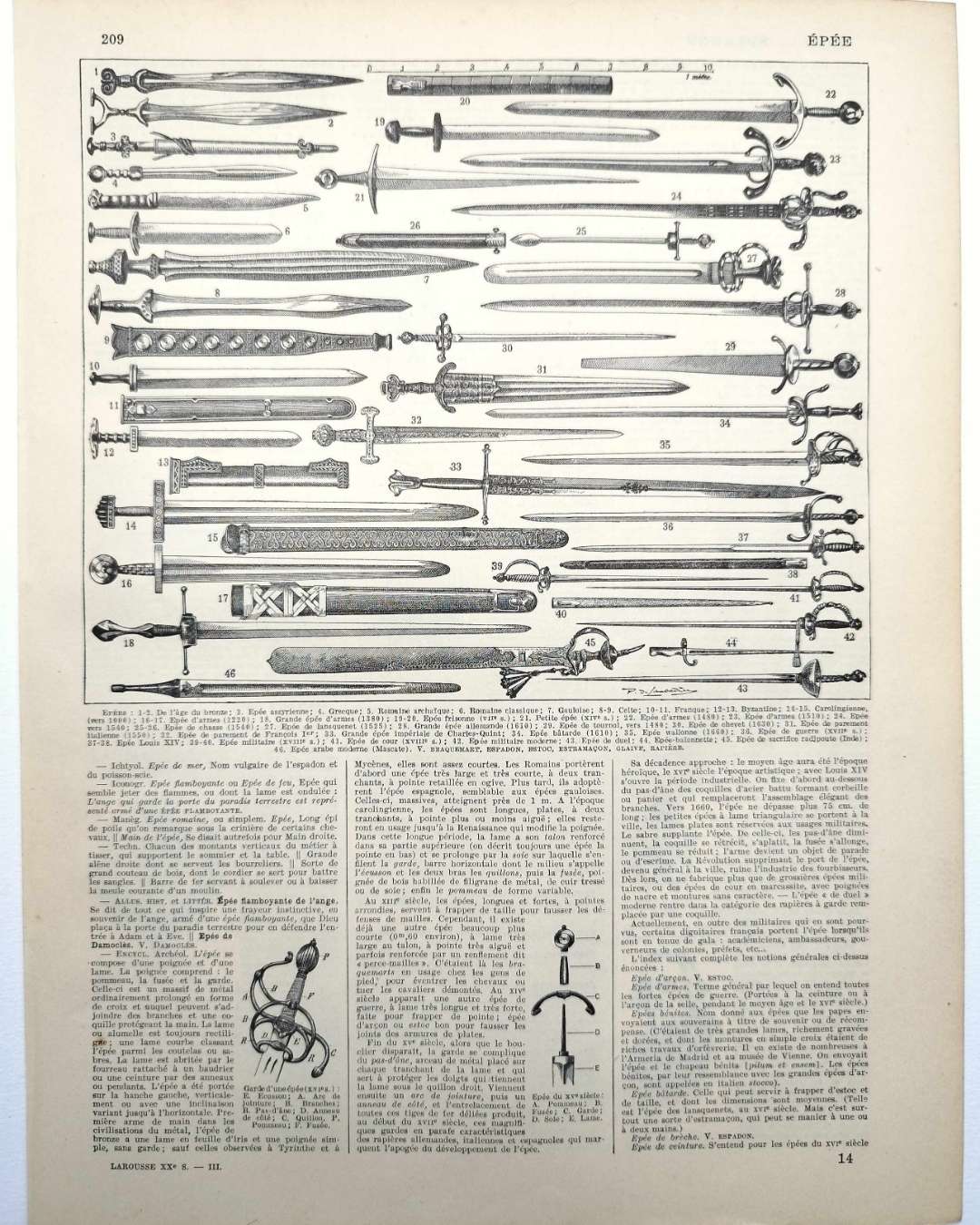 planche ancienne épée, illustration historique années 1930