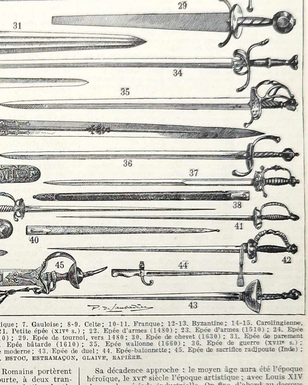 planche ancienne épée, illustration historique années 1930