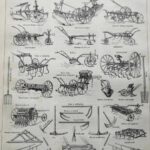 2 planches agriculture, machines et outils traditionnels (1897)