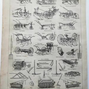 2 planches agriculture, machines et outils traditionnels (1897)