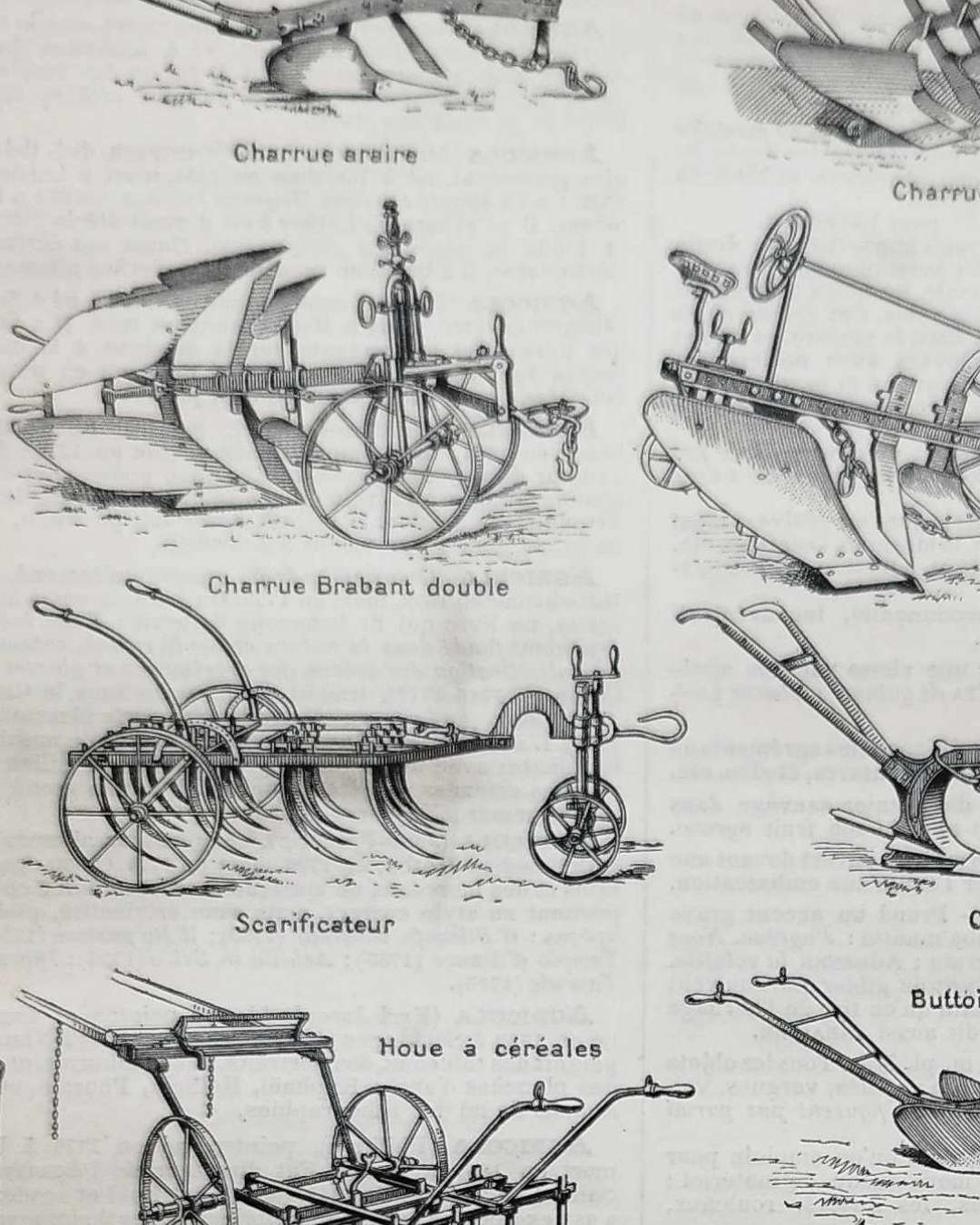2 planches agriculture, machines et outils traditionnels (1897)