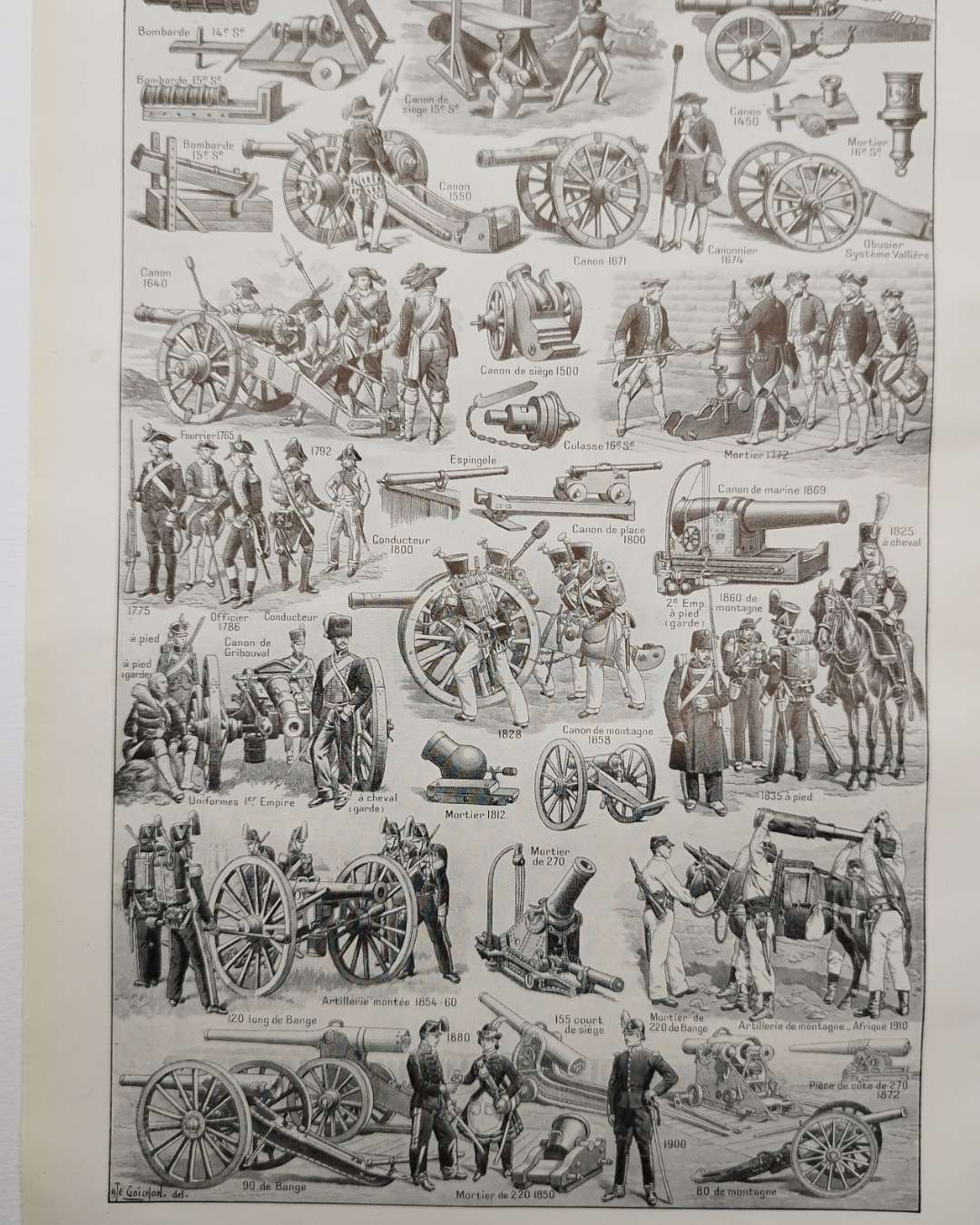 planche historique d’artillerie, illustrations noir et blanc vers 1948