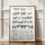 collection complète de races de bœufs, planche zoologique vintage de 1948