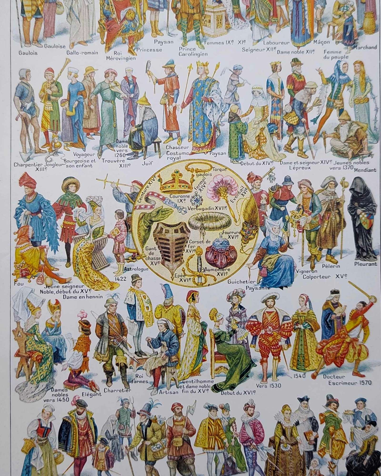 costumes traditionnels i des gaulois au bourgeois de 1610 en europe, planche originale 1948