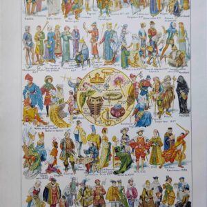 costumes traditionnels i des gaulois au bourgeois de 1610 en europe, planche originale 1948