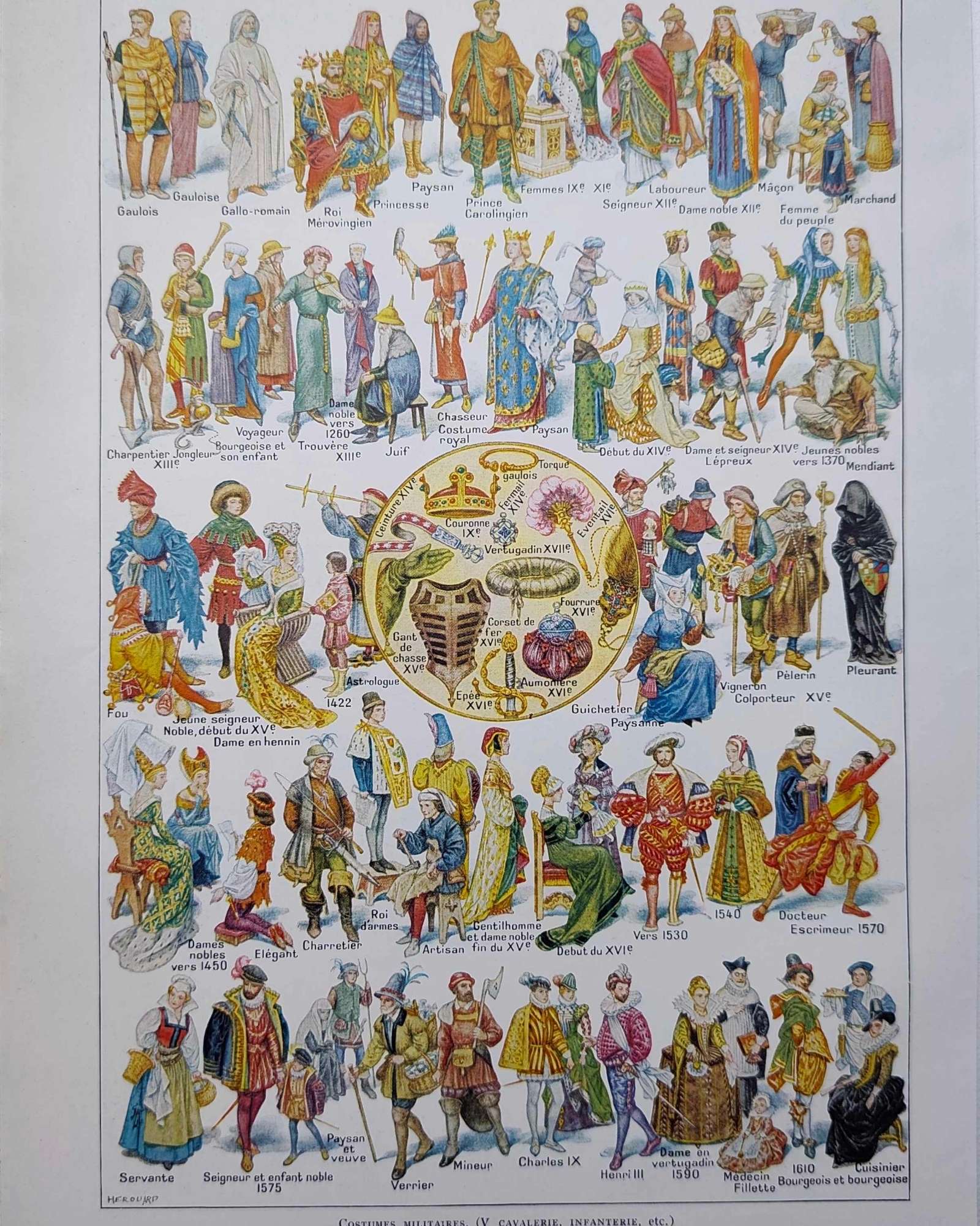 costumes traditionnels i des gaulois au bourgeois de 1610 en europe, planche originale 1948
