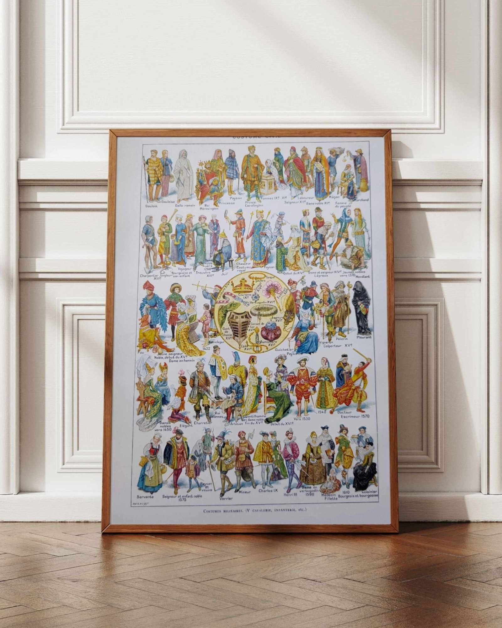 costumes traditionnels i des gaulois au bourgeois de 1610 en europe, planche originale 1948