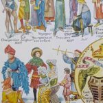 costumes traditionnels i des gaulois au bourgeois de 1610 en europe, planche originale 1948