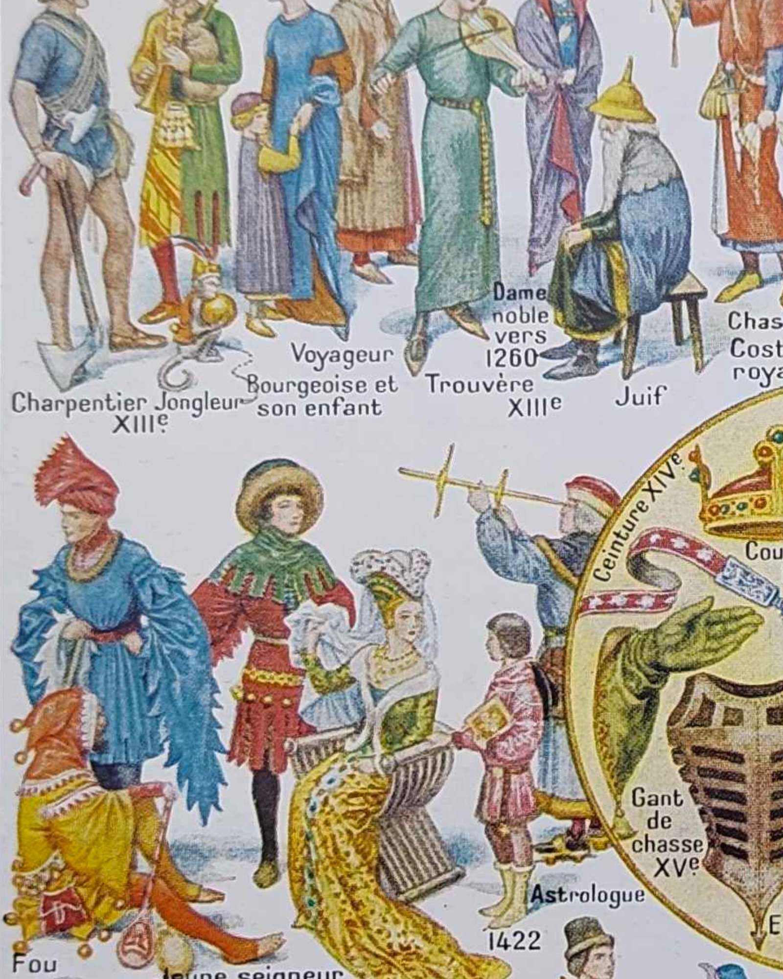 costumes traditionnels i des gaulois au bourgeois de 1610 en europe, planche originale 1948