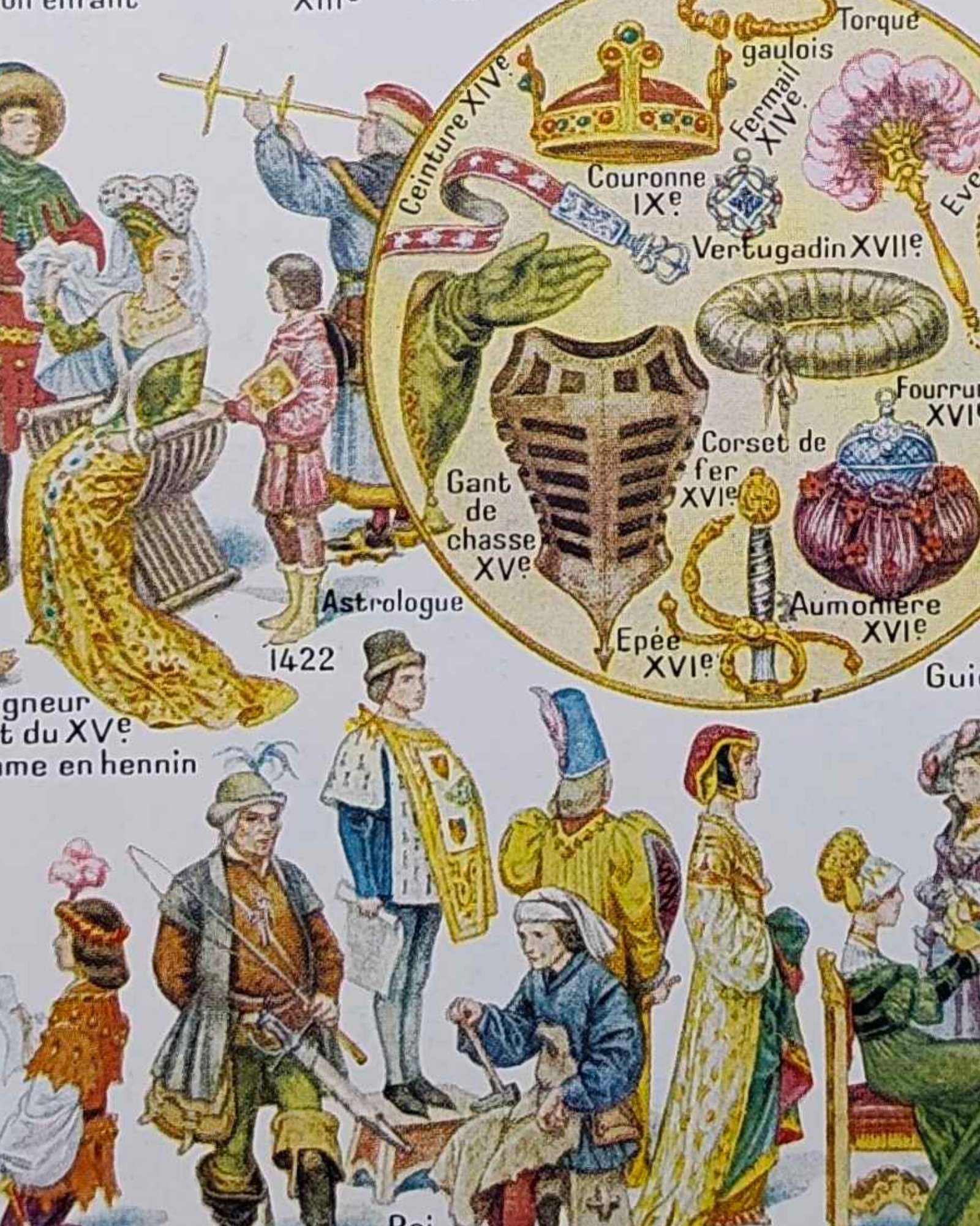 costumes traditionnels i des gaulois au bourgeois de 1610 en europe, planche originale 1948