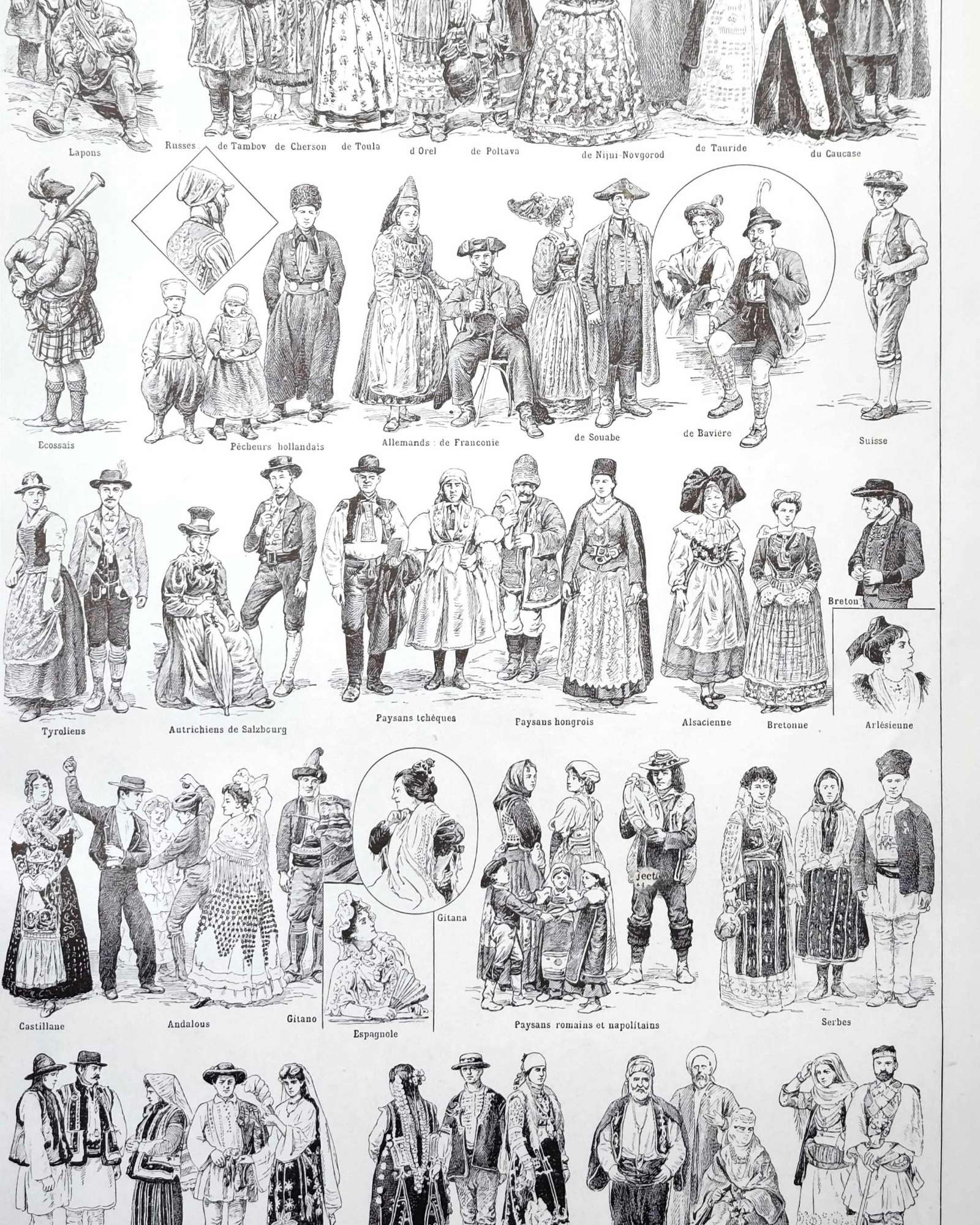 costumes traditionnels i des gaulois au bourgeois de 1610 en europe, planche originale 1948
