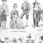 costumes traditionnels i des gaulois au bourgeois de 1610 en europe, planche originale 1948