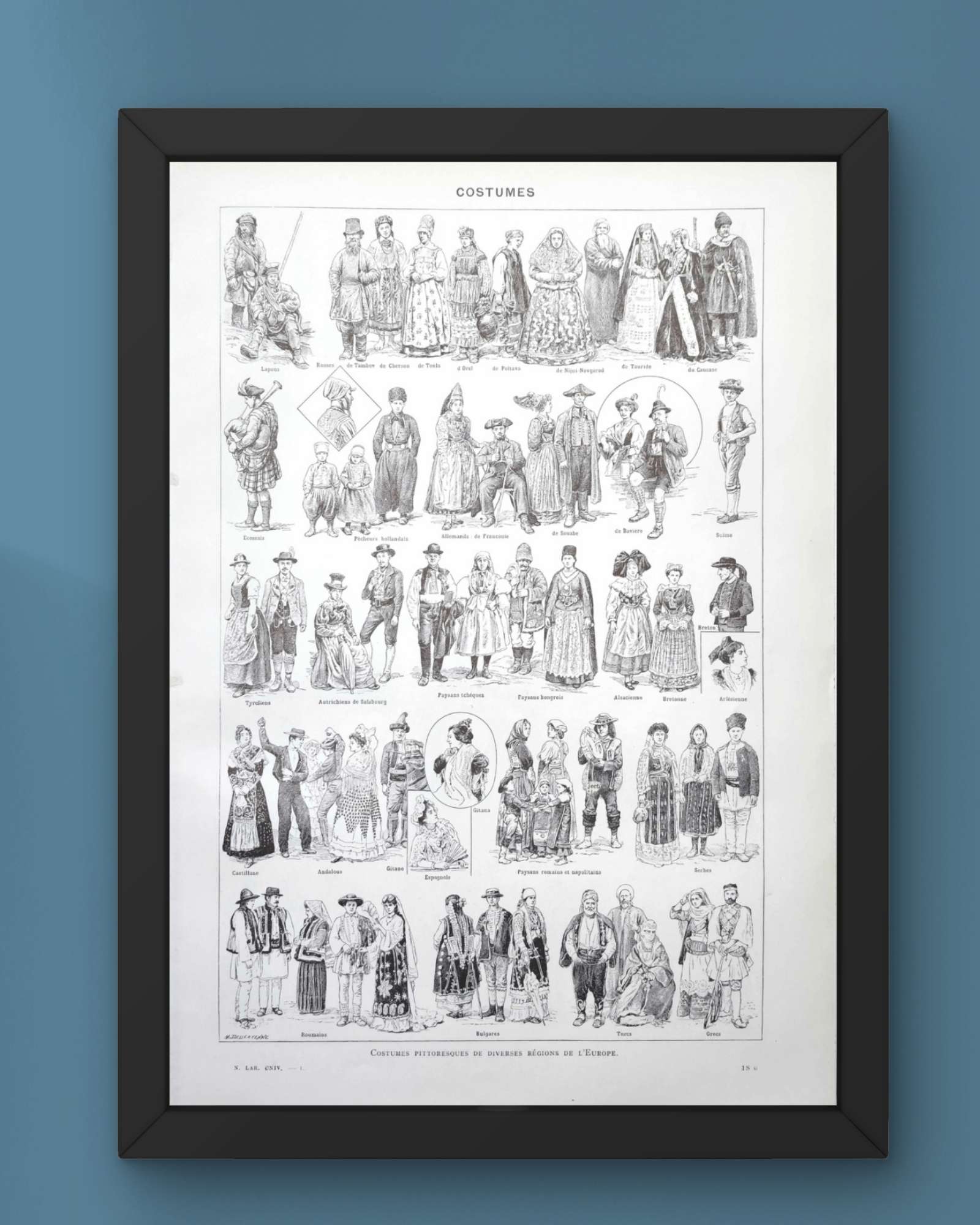 costumes traditionnels i des gaulois au bourgeois de 1610 en europe, planche originale 1948