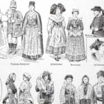 costumes traditionnels i des gaulois au bourgeois de 1610 en europe, planche originale 1948