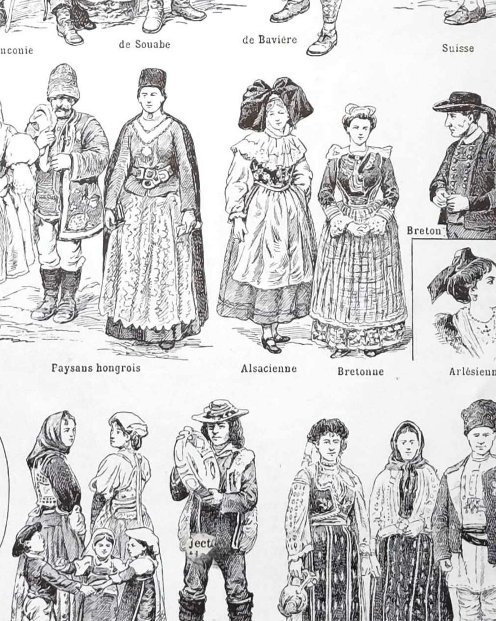 costumes traditionnels i des gaulois au bourgeois de 1610 en europe, planche originale 1948
