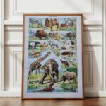mammifères sauvages et domestiques, éléphants, des girafes, planche originale 1949